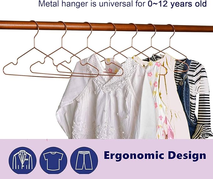 12.5" Rose Gold Shiny Steel Metal Wire Children's Baby Toddler Infant Hangers - 10 Pack Non-Slip Durable Space-Saving Baby Clothes Coat Hangers