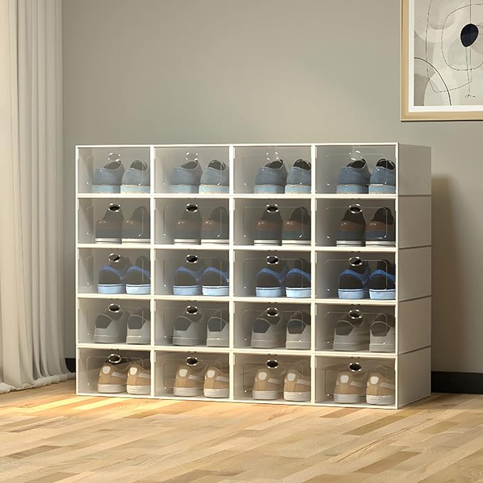 20 PCS Shoe Storage Boxes,Clear Plastic Clamshell Shoebox Stackable Shoe Organizer Foldable Display Box Container Closet Shelf Display Case Ventilation