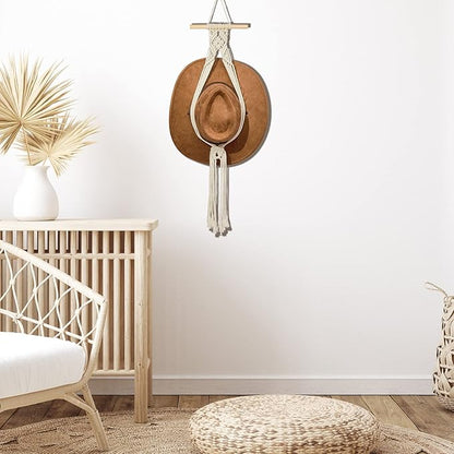 Yulejo Macrame Hat Hangers Boho Hat Rack Cowboy Hat Hanger Back of Door Hat Organizer (White,One Hat Style)