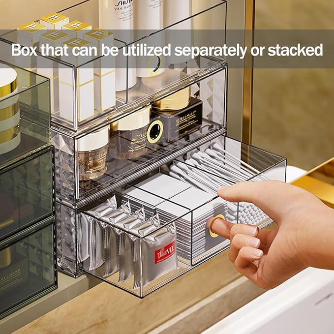 2-Tier Stackable Medicine Cabinet Organizer Drawer with Removable Dividers, Clear Plastic Bathroom Storage Drawers for Vanity, Countertop, Wall Cabinet Home Organization