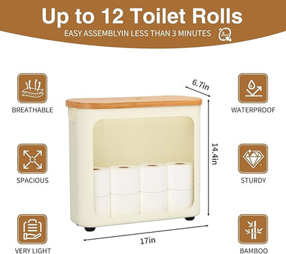 Toilet Paper Storage with Bamboo Lid,Foldable Basket Organizer for Bathroom, Holds 9 Mega/12 Regular Rolls, Waterproof Toilet Paper Holder Storage with Non-Slip Base,Beige
