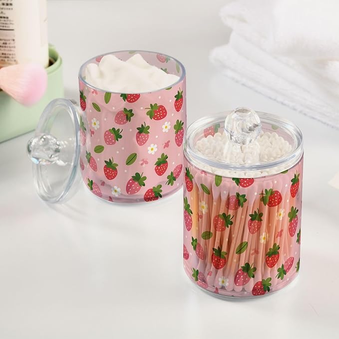 Milk Cow Qtip Holder with Lid 2PCS Apothecary Jars Storage Containers, Clear Plastic Canister for Cotton Swab,Floss Picks, Cosmetics (Daisy and Strawberry, one sizex4)