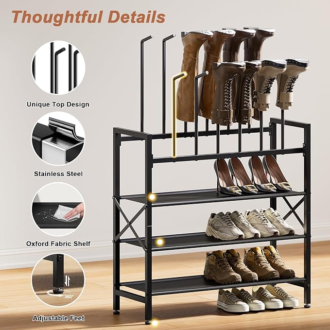 Free Standing Shoe Racks, 5-Tier Boot Rack Organizer for Tall Boots, Sneakers, High-Heel, Black Metal Shoe Storage for Dorm Room, Closet, Entryway, Hallway, Black, Holds 6 Pairs