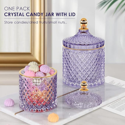 ALAMHI Candy Dish Glass Cookie Jar with Lid Candy Bowl for Office Desk Decor, Apothecary Jars Purple Bathroom Accessories Cute Room Decor Aesthetic, Q Tip Holder Decorative Glass Jewelry Box (20oz)