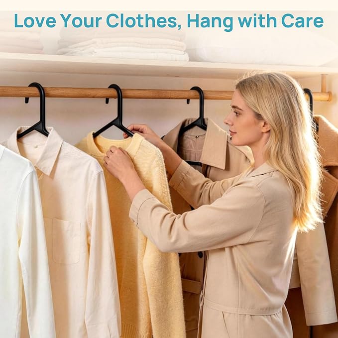 Vtopmart 60 Pack Plastic Clothes Hangers, 16.7in Standard StackFit Hangers for T-Shirt, Coats, Jackets, Sweaters, Non-Slip Slim Hanger with Hooks, Space-Saving in Closet, Durable Clothes Organizers
