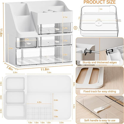 Yieach White Makeup Organizer Countertop With 4 Drawers,Large Cosmetics Storage Organizer for Brush,Hair Products,Plastic Makeup Holders and Beauty Skincare Organizers for Bathroom,Vanity,Dresser Top