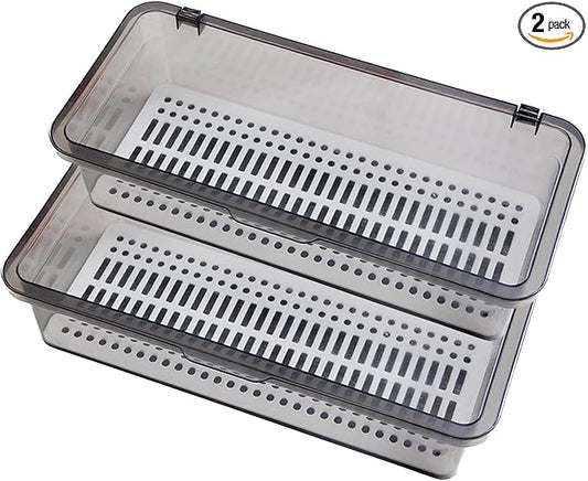Silverware Organizer with Lid and Drainer - Plastic Kitchen Drawer Organizer for Forks Spoons Knives, Stackable Utensil Storage Container, Space-Saving Cutlery Tray (10.6 x 4.7 x 2.8 inch) (2)