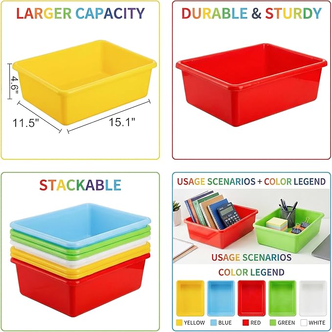 WUWEOT 5 Pack Large Storage Bins, 15" x 11.5" Plastic Stackable Classroom Organizer, Multipurpose Toy Basket for Classroom, Nursery, Playrooms and Home Organization