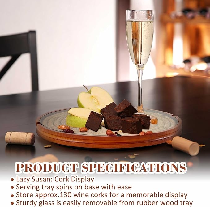 Maxdot Wine Cork Holder Decorative Wine Lover Creative Wedding Gifts for Couples Wooden Lazy Susan for Countertop with Glass Protective Cover Can Store 130 Corks Stoppers Display Bar Table Centerpiece
