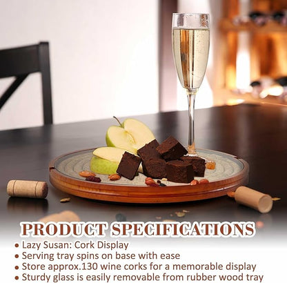 Maxdot Wine Cork Holder Decorative Wine Lover Creative Wedding Gifts for Couples Wooden Lazy Susan for Countertop with Glass Protective Cover Can Store 130 Corks Stoppers Display Bar Table Centerpiece