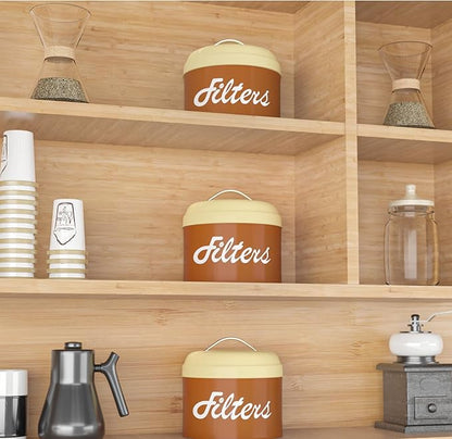 Brown Basket Coffee Filter Holder with Lid - Round Storage Container for Counter - Rustic Farmhouse Coffee Bar Accessories Decor