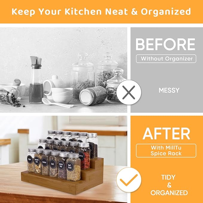 Bamboo Spice Rack Organizer for Cabinet 2 Pack - 3 Tier Countertop Step Shelf, Seasoning Storage Stand for Kitchen Pantry, Spice Holder for Jars Bottles Cans (Brown)