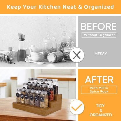 Bamboo Spice Rack Organizer for Cabinet 2 Pack - 3 Tier Countertop Step Shelf, Seasoning Storage Stand for Kitchen Pantry, Spice Holder for Jars Bottles Cans (Brown)