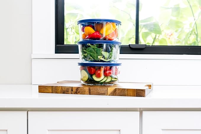 6-Piece Glass Food Storage Containers Set (3 Containers + 3 BPA-Free Lids) | 4-Cup, Leakproof | Microwave, Freezer, Oven & Dishwasher Safe | Ideal for Meal Prep & Pantry Organization, Blue