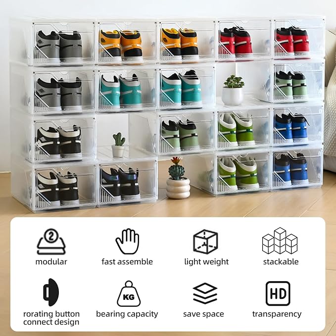 Large Shoe Boxes Clear Plastic Stackable，Drop Front Shoe Box with Clear Door, Shoe Containers For Sneaker Display,Fit up to US Size12 (white clear-Conjoined structure, 6 pack)