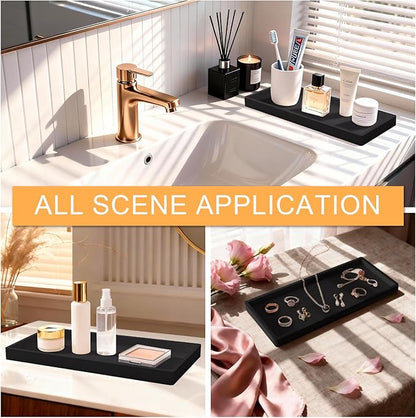 Bathroom Vanity Tray, 7.8 x 3.9 Inch Silicone Bathroom Tray Countertop, Non-Slip Decorative Tray for Bathroom, Kitchen, Toilet to Organize Perfume, Jewelry, Soap, Waterproof, Black