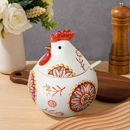 Ceramic Salt Cellar with Lid and Spoon, 13 oz Large Chicken Salt Jar, Chicken Sugar Containers for Countertop, Decorative Kitchen Holder for Coffee, Pepper, Seasonings, Spices, Candy(Red)