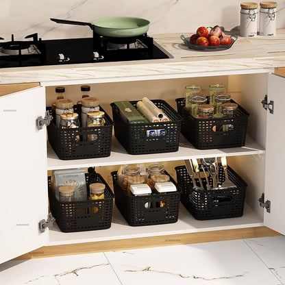 Black Plastic Storage Baskets with Lids 10 Pack Stackable Storage Bins Containers for Shelves Organizing, Cute Decorative Storage Boxes for Classroom, Playroom, Closet, Pantry