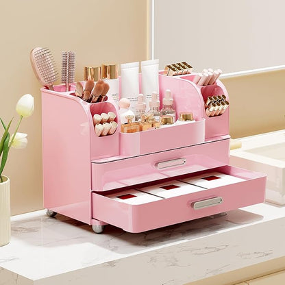 Makeup Organizer for Vanity with 2 Large Drawers, Cosmetic Display Case with Brush Holders, Easy to Storage for Bathroom Countertop Skincare, Desk Office Supplies, All Pink