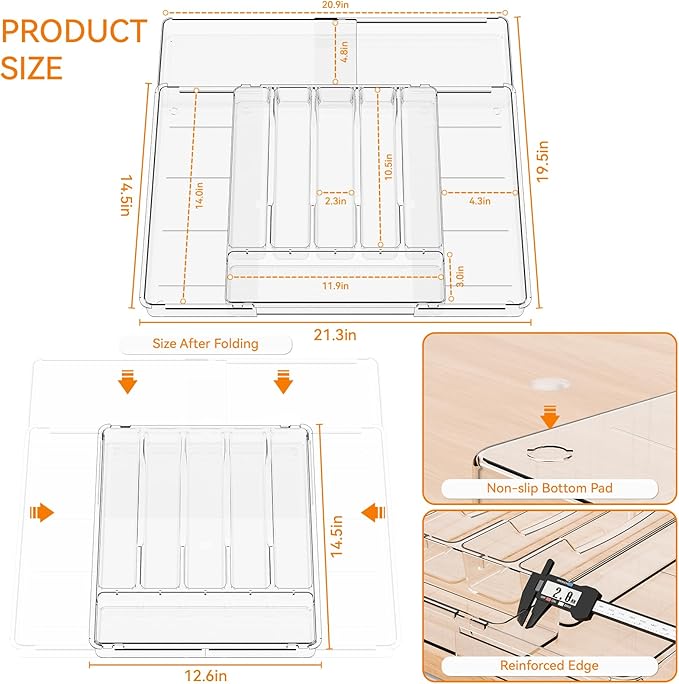 Yieach Clear Large Expandable Silverware Organizer and Kitchen Utensil Drawer Organizer,Plastic Adjustable Silverware Tray for Drawer Cutlery,Spatula,Tools,Flatware Organizers,Fork and Spoon Holder