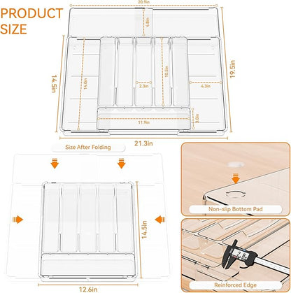 Yieach Clear Large Expandable Silverware Organizer and Kitchen Utensil Drawer Organizer,Plastic Adjustable Silverware Tray for Drawer Cutlery,Spatula,Tools,Flatware Organizers,Fork and Spoon Holder