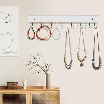 Necklace Holder Wall Mounted Jewelry Organizer - 2 Pack Wooden with 28 Hooks, Hanging Earring & Ring Bracelet Storage, Decorative Space-Saving Jewelry Display (White)