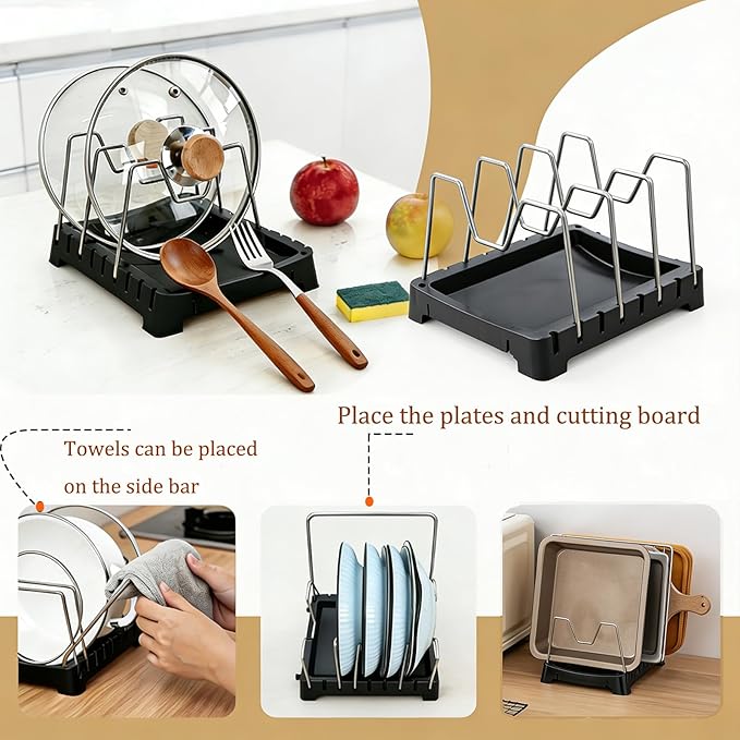 Adjustable Pot Lid Holder with Drip Tray, 2 in 1 Pot Lid Organizer & Spoon Rest, Stainless Steel Lid Holder for Countertop & Cabinet While Cooking, Space Saving Kitchen Pot Cover Rack, Easy Clean