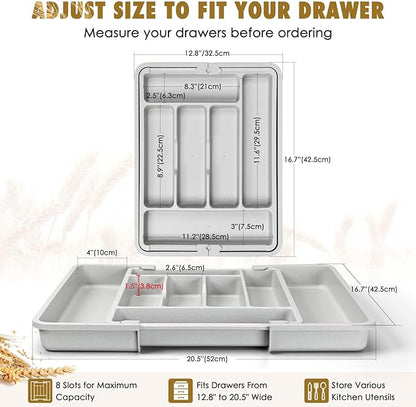 FANCILLA Heavy Duty Silverware Organizer for Kitchen Drawer & Utensils - Wheat Straw Large Adjustable Utensil Drawer Organizer, BPA-Free Flatware Tray, Dishwasher Safe, 6-8 Wider Slots (Gray)