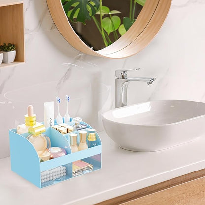 Makeup Organizer with 2 Drawers, Cosmetic Storage for Dresser Vanity and Bathroom Countertop,Make up organization and Skincare Storage with Beauty Brush Holder, Cosmetic Display Case (Blue)