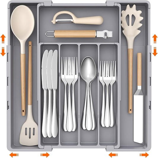 Lifewit Silverware Drawer Organizer, Expandable Utensil Tray for Kitchen, BPA Free Flatware and Cutlery Holder, Adjustable Plastic Storage for Spoons Forks Knives, 4-7 Slots, Gray