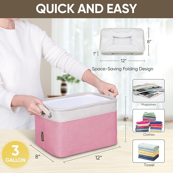 BALEINE 2 Pack Fabric Closet Storage Bins for Shelves, Linen Closet Organizers and Storage, Decorative Baskets for Organizing, Shelf, Clothes, Home, Office (Pink, 12"x8"x8")