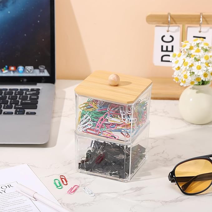 Qtip Holder Acrylic Container for Cotton Swab, Cotton Pads, Floss Picks - Restroom Containers Bathroom Essentials Accessories Decor Vanity Storage Organizer, 3.5'' x 3.5'' x 5.3''
