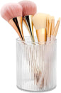DASITON Makeup Brush Holder Organizer, Acrylic Makeup Brush Cup, Vintage Striped Make Up Brush Holder for Vanity, Bathroom Countertop, Toothbrush Holders, Pen Holder for Desk Storage (Clear)