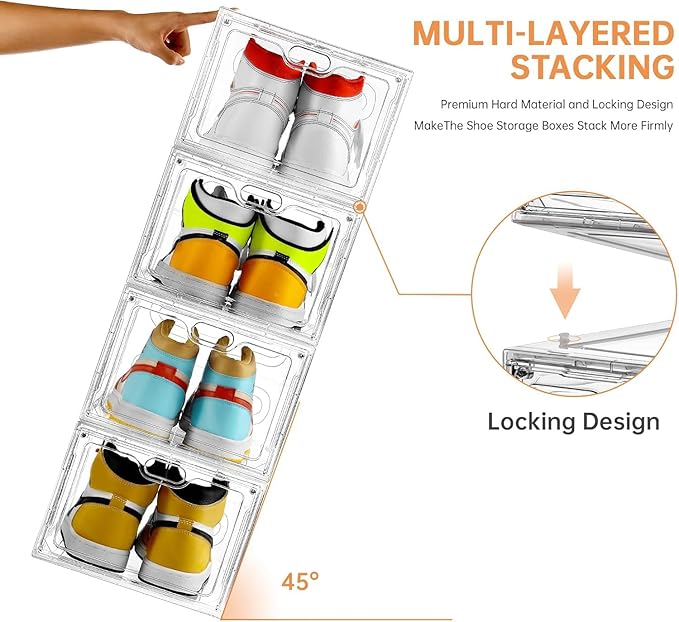 INSTY 6 Pack Large Shoe Storage Box, Clear Shoe Storage Organizer with Magnetic Door, Stackable,Shoe Containers For Display Sneakers, Easy Assembly, Fit up to US Size 12, Clear