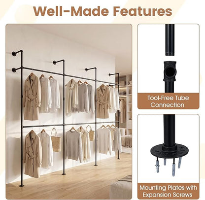 Giantex Industrial Pipe Clothing Rack, 118" Wall Mounted Heavy-Duty Metal Garment Organizer with 6 Hanging Rods, 2-Tier Walk-in Closet System for Wardrobe Closet, Retail Display