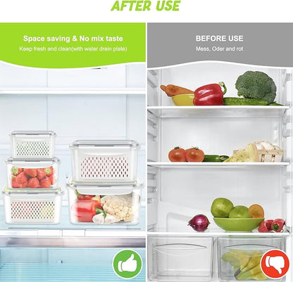 10 PS Fridge Food Storage Container with Colander, Plastic Fresh Produce Saver Keeper for Vegetable Fruit Berry Salad Lettuce Meat Fish, BPA Free Kitchen Refrigerator Organizer Bins (6.2L-0.8L)
