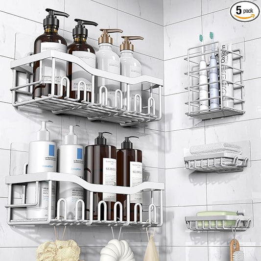 EUDELE 5-Pack Rustproof Stainless Steel Shower Caddy Set– No Drill Adhesive Bathroom Organizer, Space-Saving Shower Shelves for Apartment Essentials, Bathroom/Kitchen Storage Home Decor-L Size