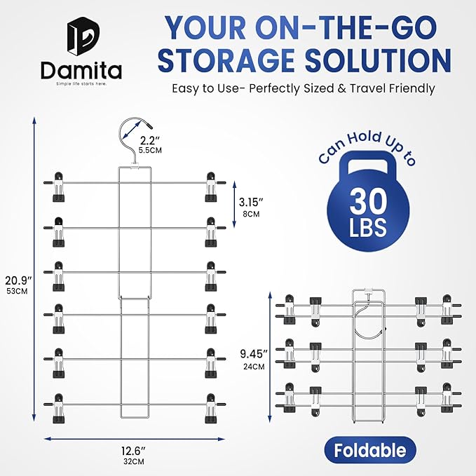 DAMITA Skirt Pants Hangers with Clips Space Saving Hanging Closet Organizer 6 Tiers Hanger with 360° Swivel Hook, Finger-Safe Design- College Dorm Room Apartment Essentials 2-Pack