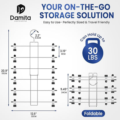 DAMITA Skirt Pants Hangers with Clips Space Saving Hanging Closet Organizer 6 Tiers Hanger with 360° Swivel Hook, Finger-Safe Design- College Dorm Room Apartment Essentials 3-Pack