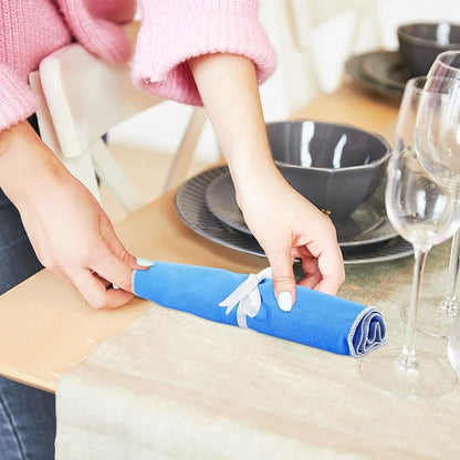Saintrygo 6 Pieces Silver Storage Bags Anti Tarnish Silver Protector Bags Blue Holder for Silverware Flatware Storage Organizer Cloth Place Setting Roll with White Ribbon for Kitchen Utensils