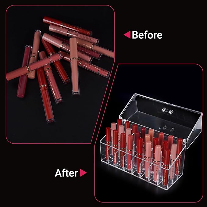 Acrylic Lipgloss Lip Gloss Holder & Rollerball Perfume Organizer for Compact Essential Oil Rollerball Perfume Holder, Makeup Brush, 18 Slots Tubular Storage Display Cabinet With Cover
