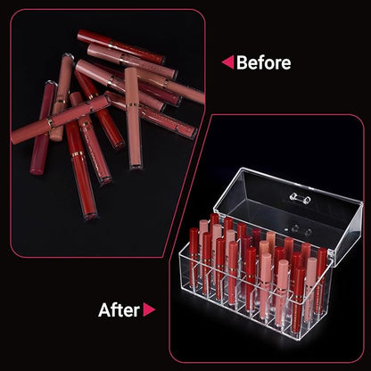 Acrylic Lipgloss Lip Gloss Holder & Rollerball Perfume Organizer for Compact Essential Oil Rollerball Perfume Holder, Makeup Brush, 18 Slots Tubular Storage Display Cabinet With Cover