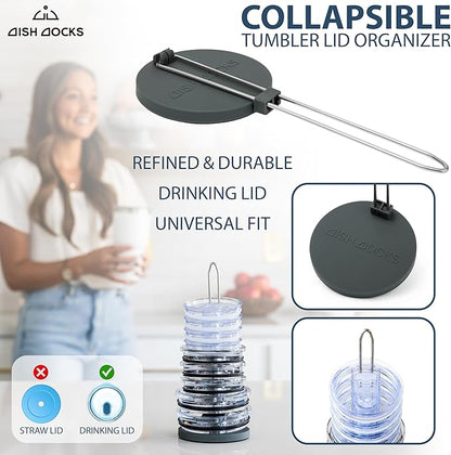 2-pk Tumbler Lid Organizer for Cabinet & Countertop - Slim Space-Saving Lid Holder with 9" Sturdy Bar & Weighted, Non-Slip Base - Vertical Storage Cup Lid Organizer - Collapsible Lid Rack for 10 Lids