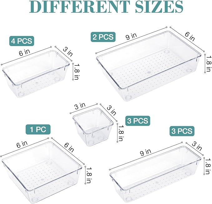 StorMiracle 13 PCS Drawer Organizer Set, 5 Varied Size Bathroom and kitchen Drawer cabinet organizer Trays, Clear Storage Bins for Makeup, Jewelry, Utensils and Gadgets