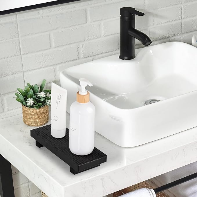 Bathroom Tray Farmhouse Decor Pedestal Stand Wood Riser Display Kitchen Accessories Soap Holder for Sink, Counter, Vanity, 8.7 * 3.6 Black