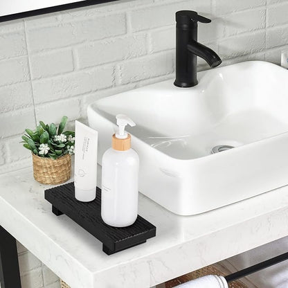 Bathroom Tray Farmhouse Decor Pedestal Stand Wood Riser Display Kitchen Accessories Soap Holder for Sink, Counter, Vanity, 8.7 * 3.6 Black