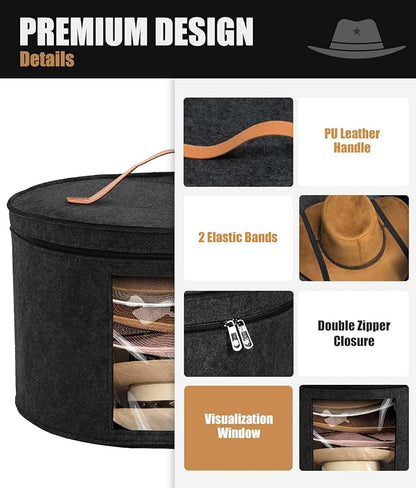 Hat Box, Travel Hat Storage Box, Foldable Space-saving Hats Boxes Organizer for Men & Women Storage, Stackable Hats Carrier Case for Round Brim, Cowboy, Panama, Tweed Caps - Black