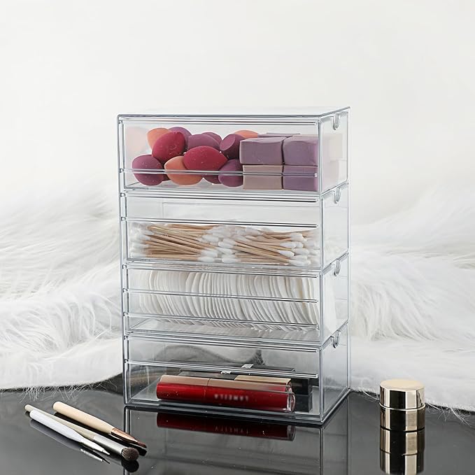 Hipiwe Plastic Drawer Organizer Clear Hair Accessories Organizer Box with 4 Pull Out Drawer Compact Storage Box for Cabinet Vanity Bathroom Pantry Office or Closet Organization