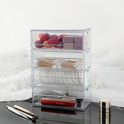 Hipiwe Plastic Drawer Organizer Clear Hair Accessories Organizer Box with 4 Pull Out Drawer Compact Storage Box for Cabinet Vanity Bathroom Pantry Office or Closet Organization