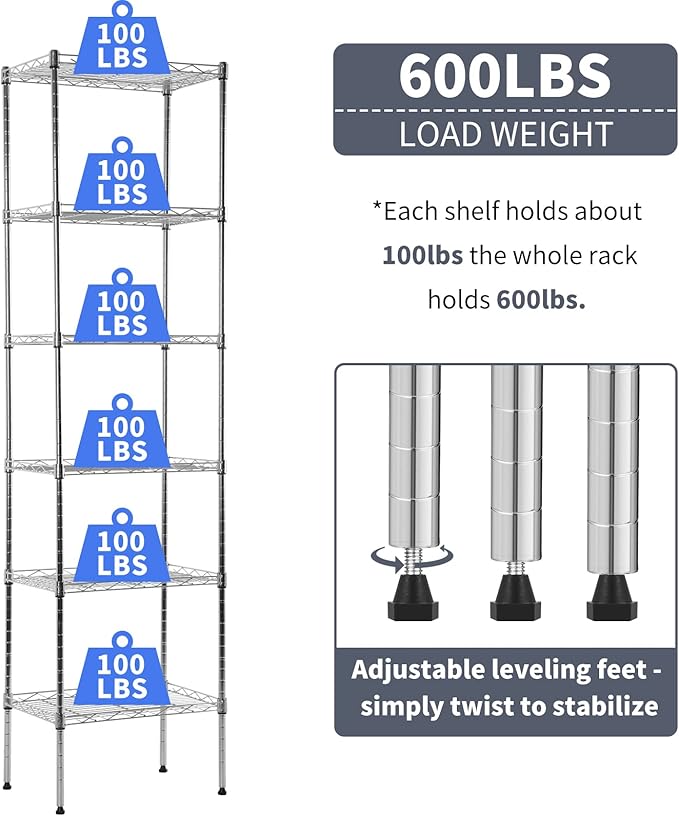 6-Shelf Adjustable Storage Shelves 600Lb Capacity Metal Wire Shelving Unit Storage Rack for Kitchen Bathroom Corner Shelf Organizer for Small Space, 16.7D x 11.8W x 63H, Chrome